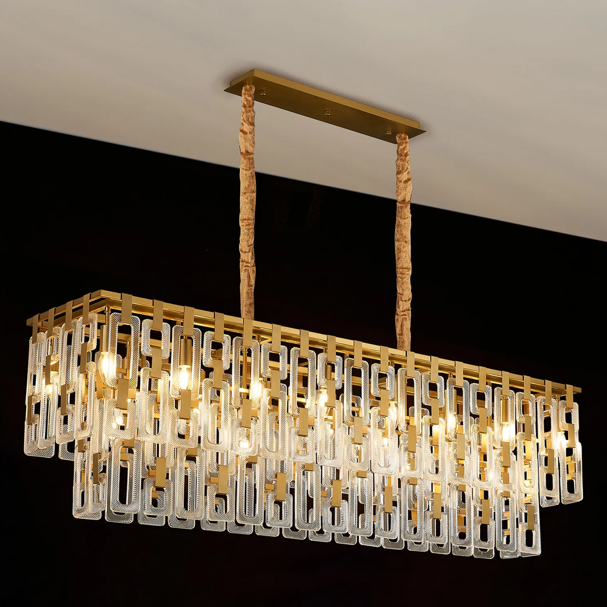 Heptonstall 1500mm Two Tier Linear Pendant in Matt Gold with Clear Glass