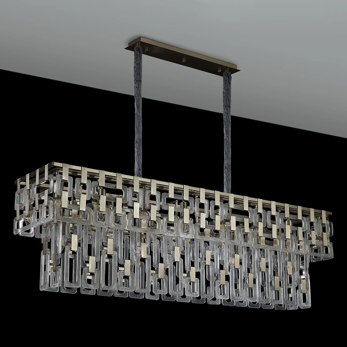 Heptonstall 1500mm Two Tier Linear Pendant in Satin Nickel with Clear Glass