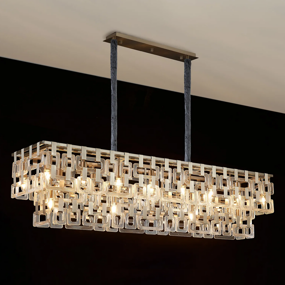 Heptonstall 1500mm Two Tier Linear Pendant in Satin Nickel with Clear Glass