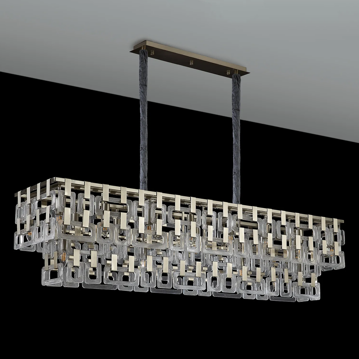 Heptonstall 1500mm Two Tier Linear Pendant in Satin Nickel with Clear Glass