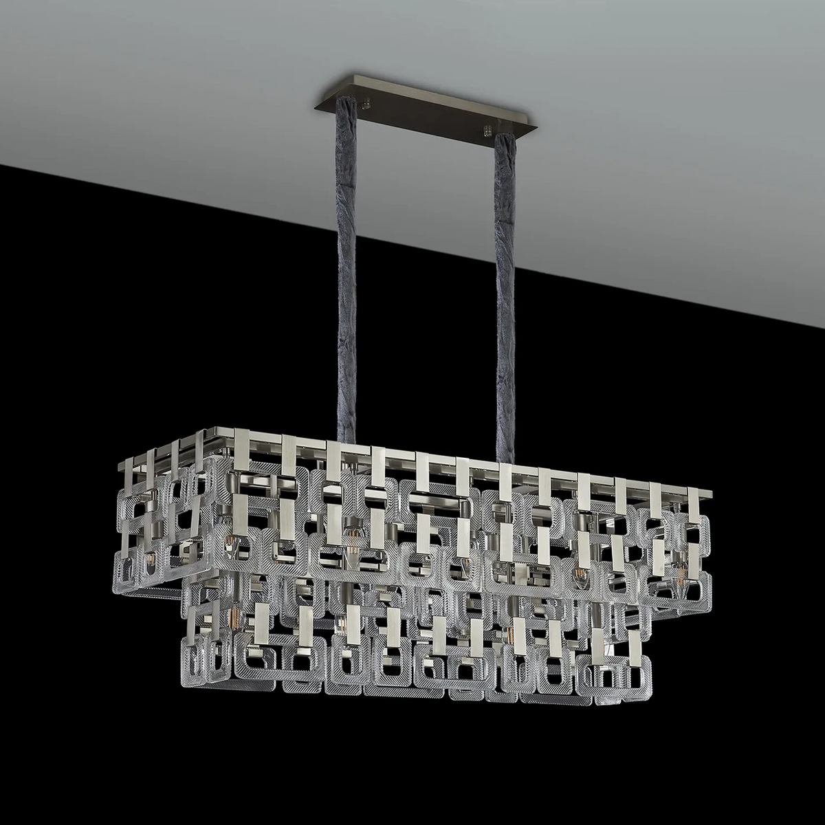 Heptonstall 1000mm Two Tier Linear Pendant in Satin Nickel with Clear Glass