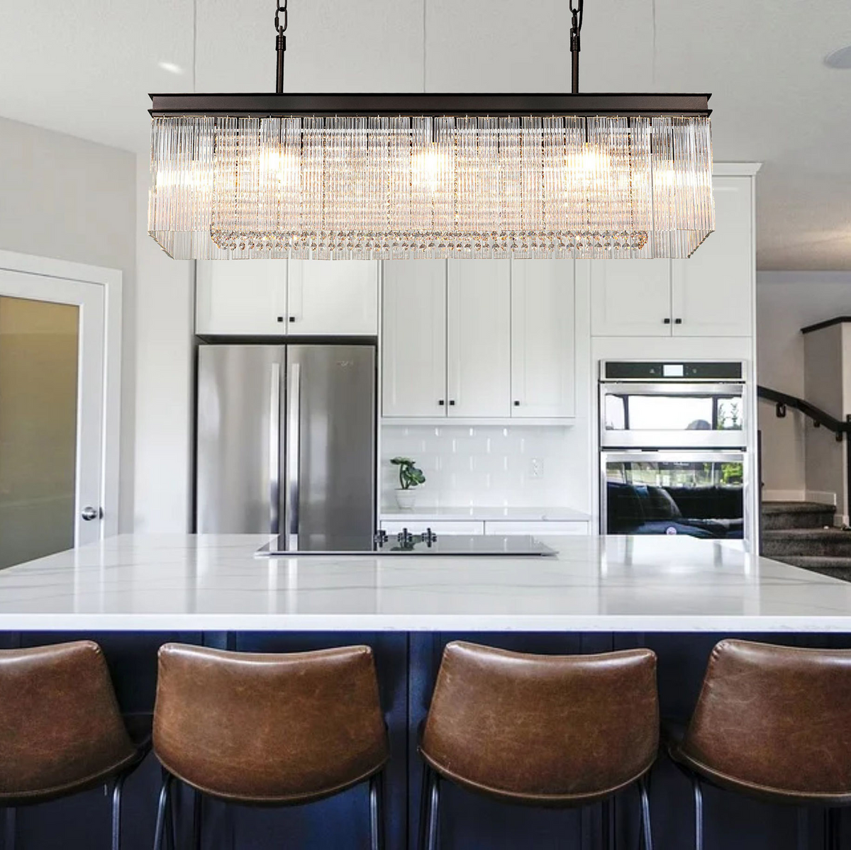 Beesands Linear Pendant or Semi Flush in Brown Oxide with Clear Fluted Glass and Crystals