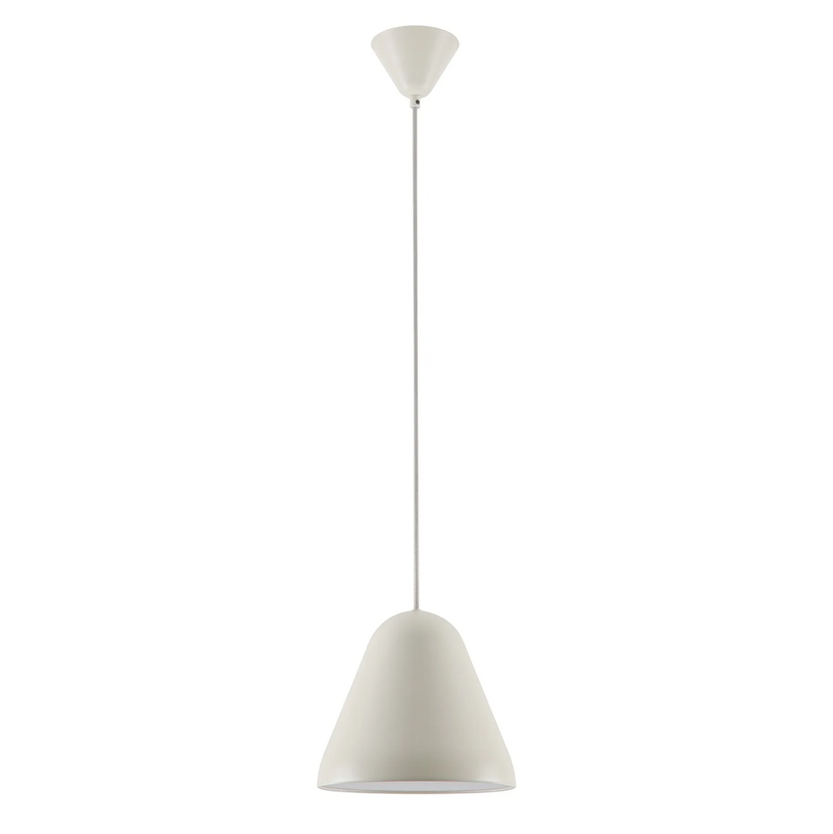 Cream-colored pendant light with a conical shade and a thin cord
