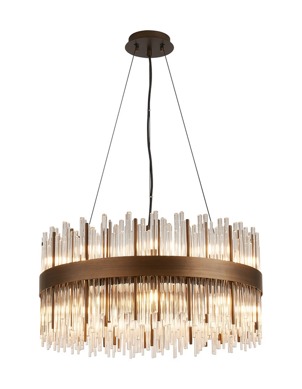 Round chandelier with bronze frame and clear glass rods, illuminated from within