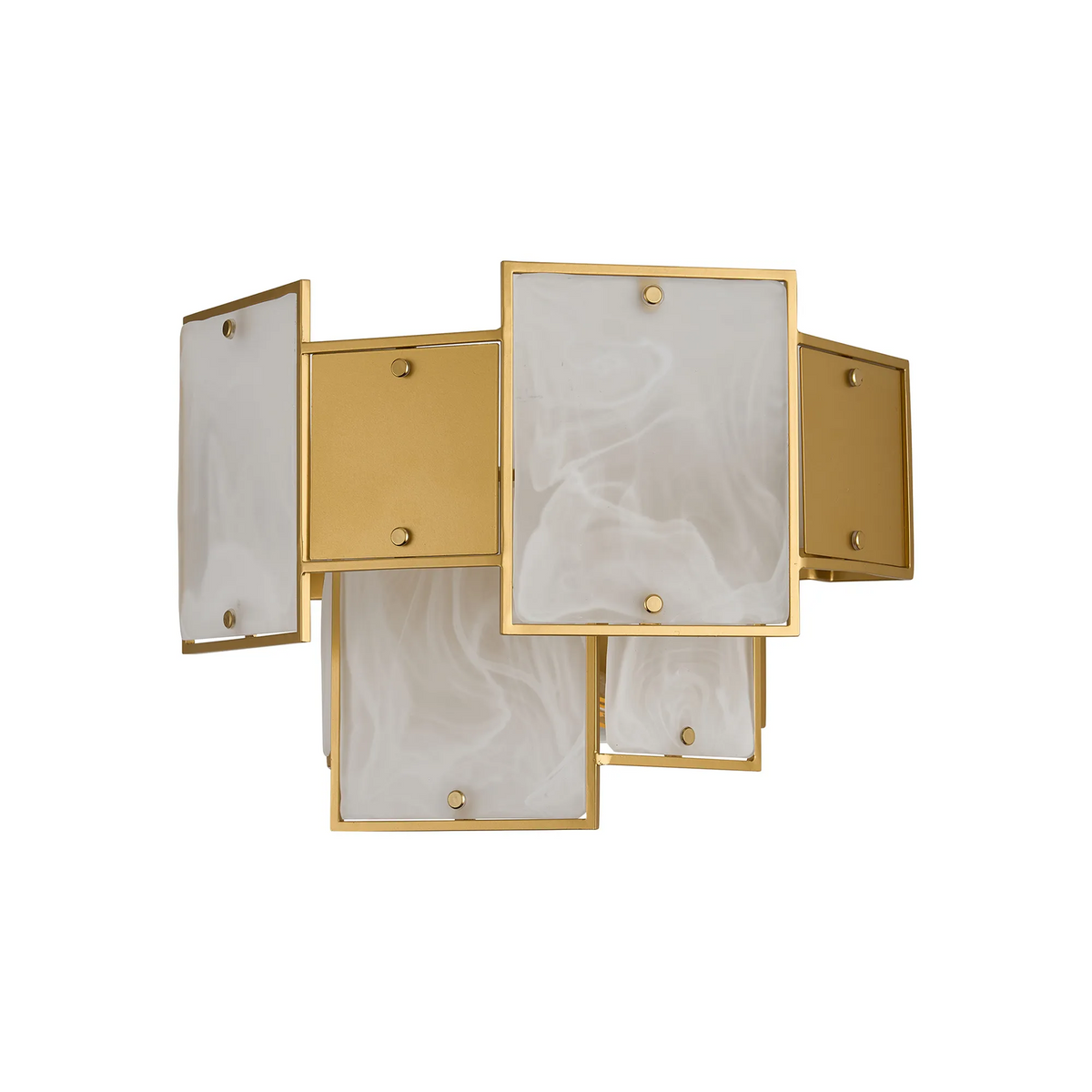 Gold wall sconce with rectangular white marbleized glass panels