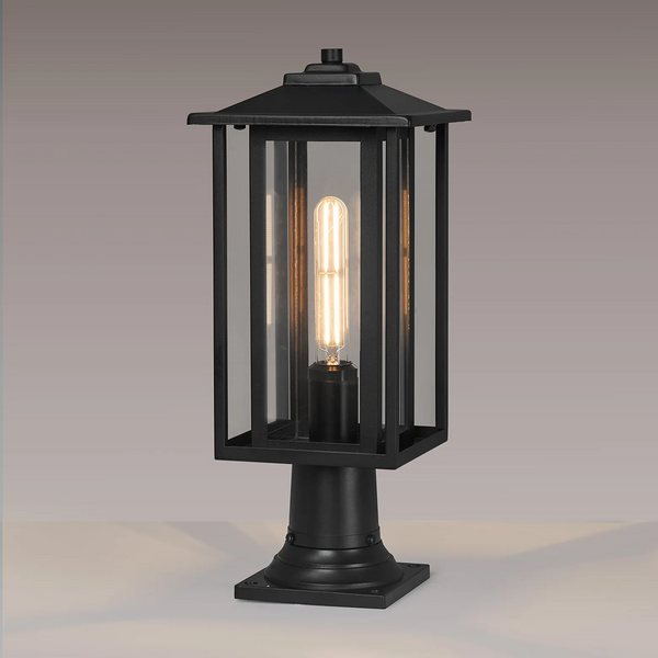Dersingham IP54 Exterior Pedestal Lamp in Satin Black with Clear Glass