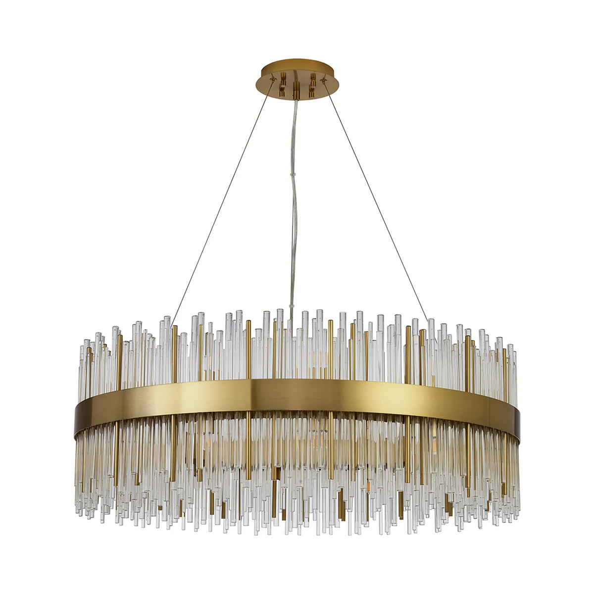 Round gold chandelier with clear glass rods