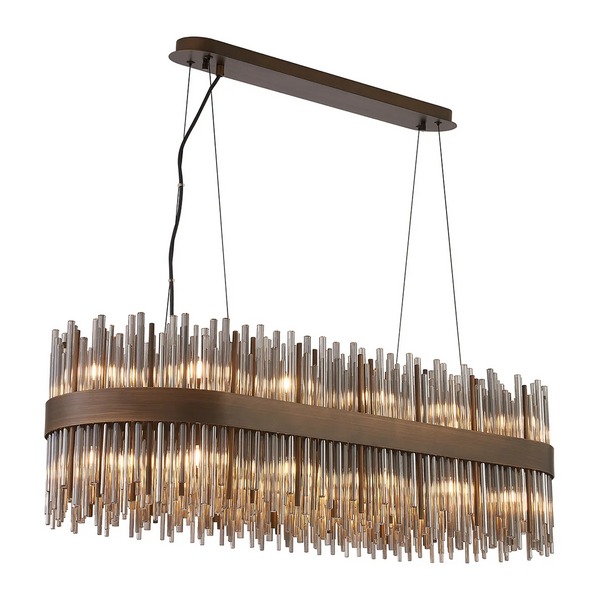 Rectangular chandelier with bronze frame and multiple clear glass rods