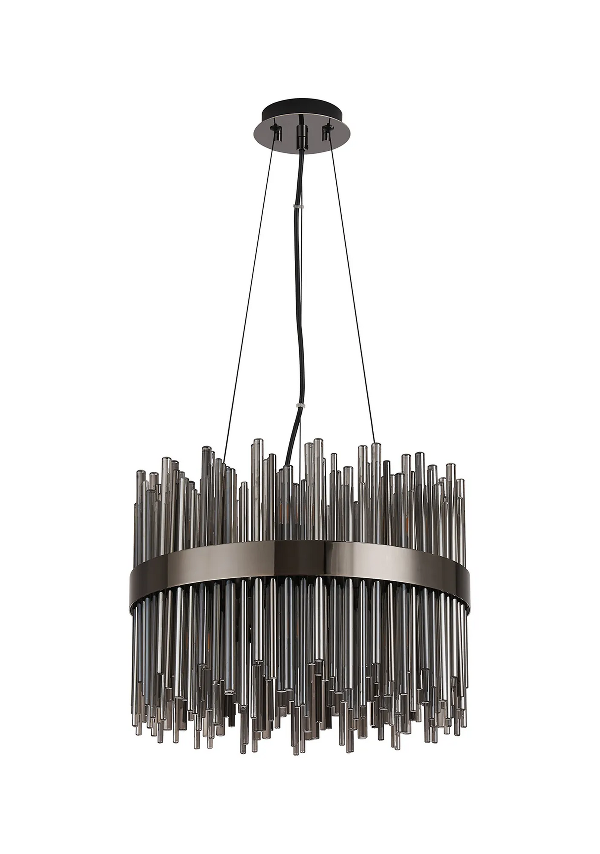 Round chandelier with dark metal frame and multiple clear glass rods hanging down