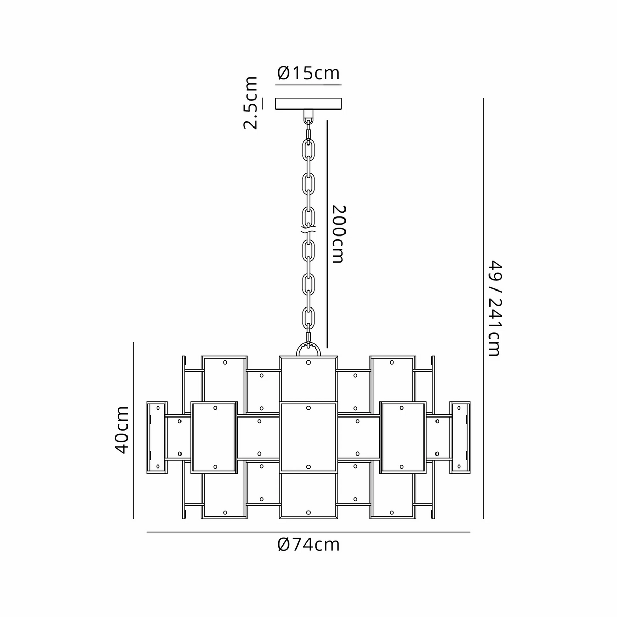 Technical drawing of a chandelier with dimensions: 74cm diameter, 40cm height, 200cm chain, 15cm ceiling rose