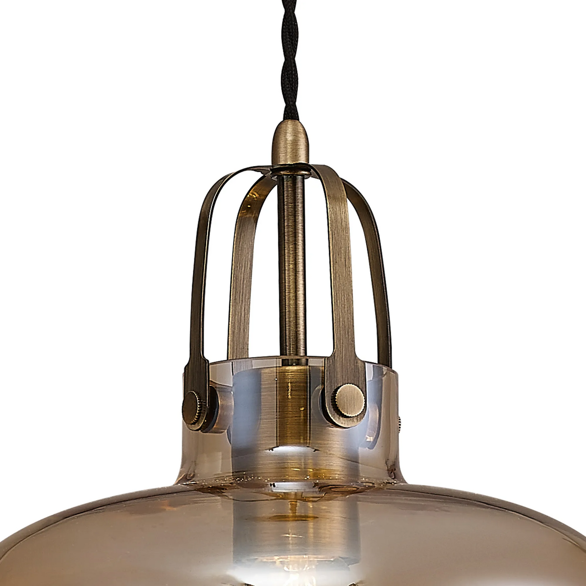 Bedlington Single Drop Pendant in Antique Brass with Amber Plated Glass Shade