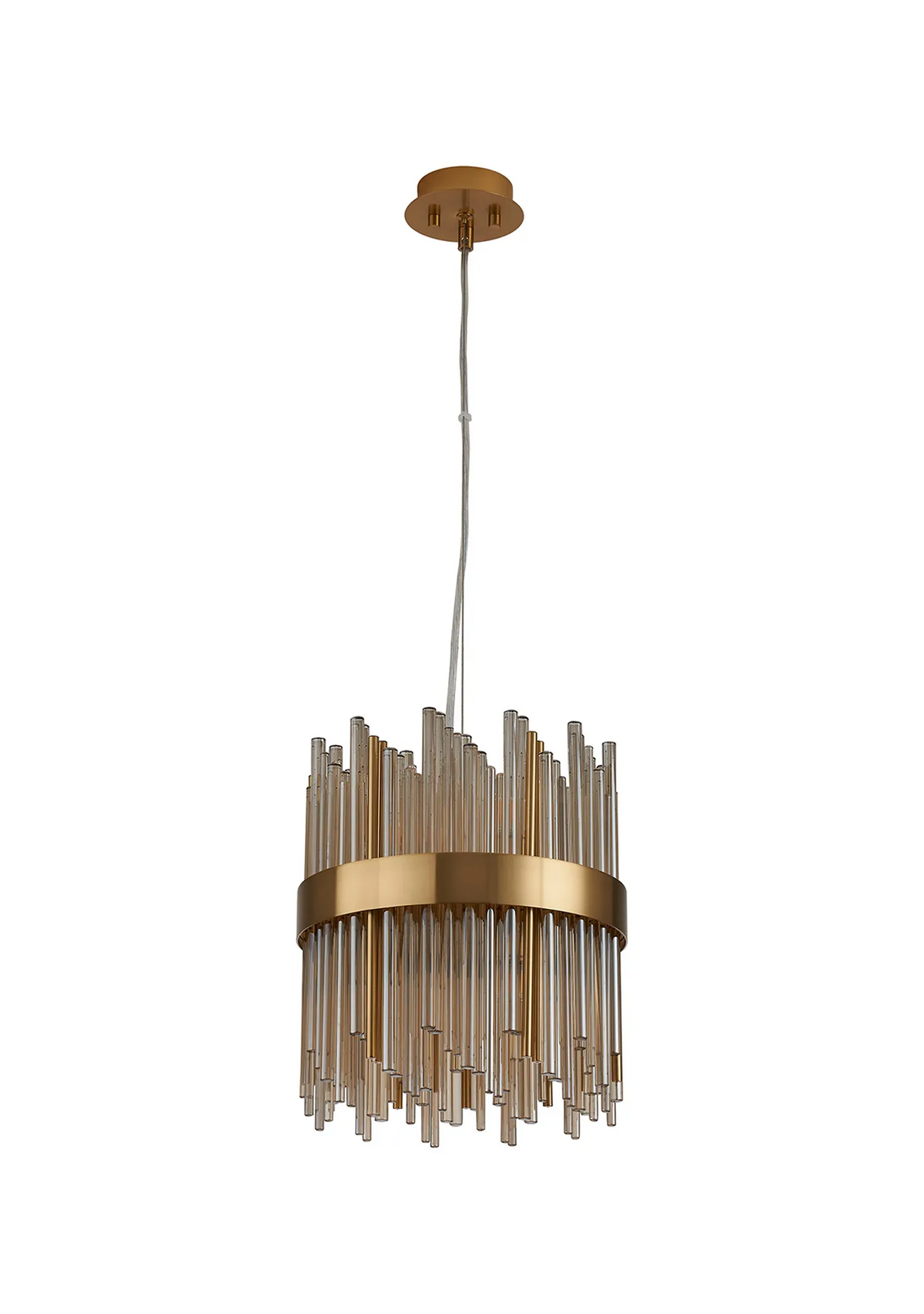 Gold chandelier with clear and amber glass rods