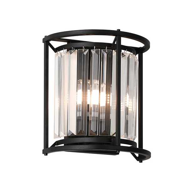Black metal wall sconce with clear rectangular crystal accents and three exposed light bulbs