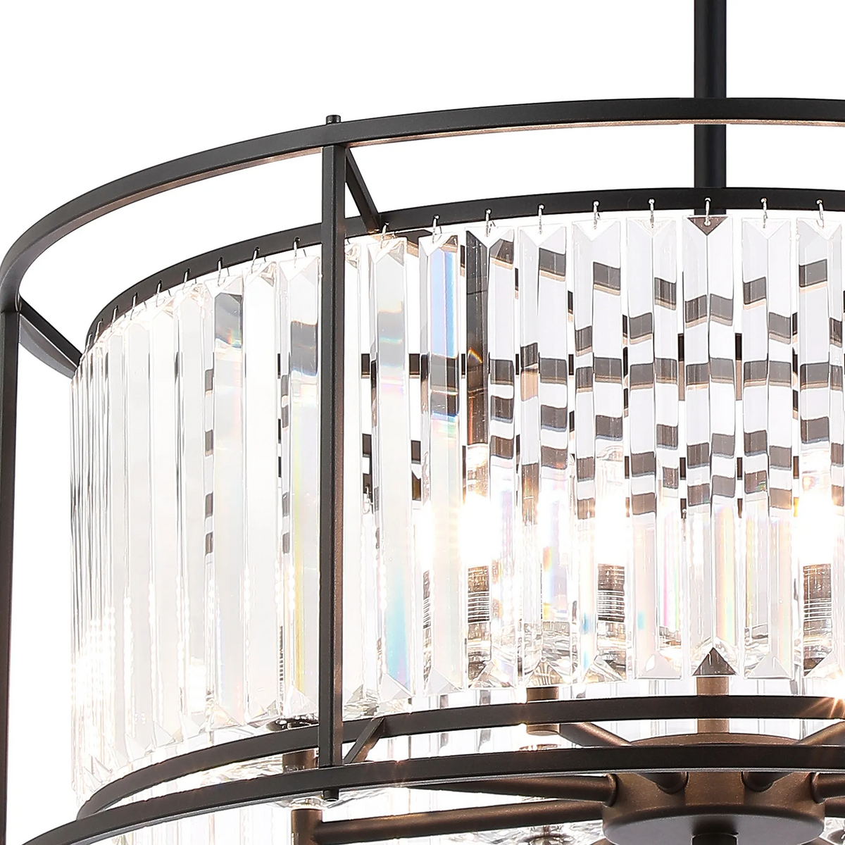 Close up of a black metal chandelier with rectangular clear crystal accents