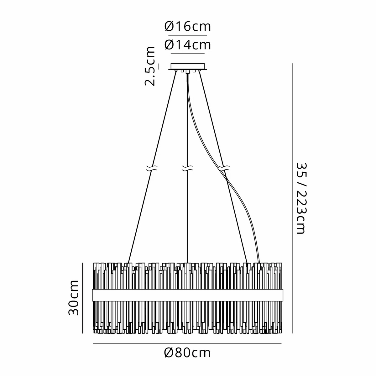 Technical drawing of a chandelier with dimensions: 80cm diameter, 30cm height, 35-223cm total height