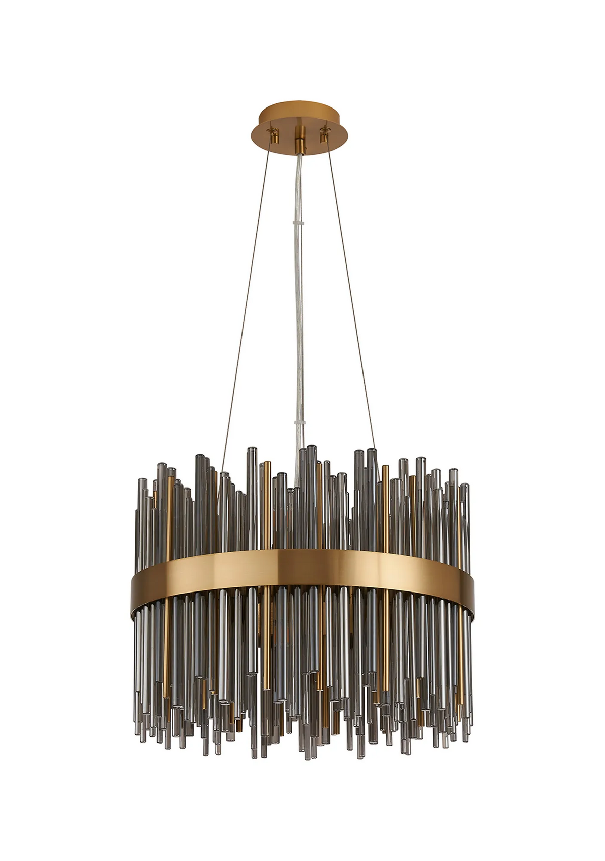 Round chandelier with a gold frame and hanging glass rods in various lengths and shades of grey and gold