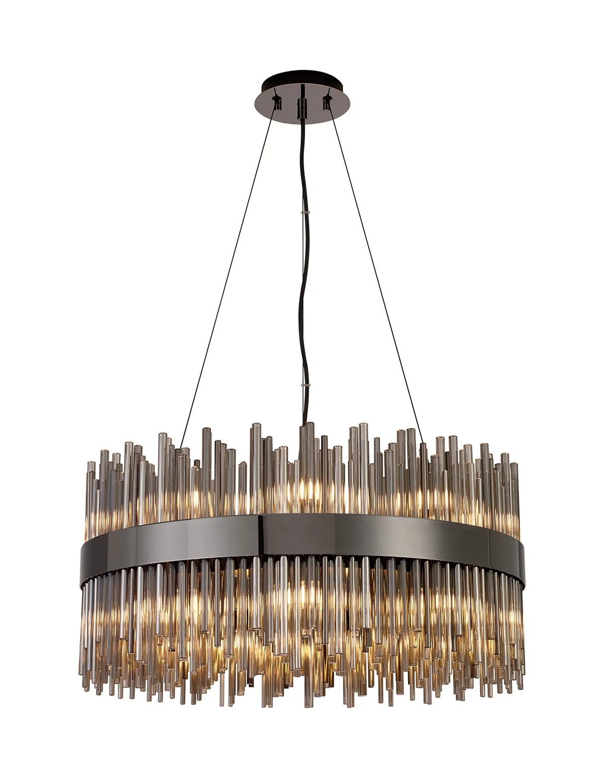Round chandelier with a dark metal band and clear glass rods of varying lengths, illuminated from within