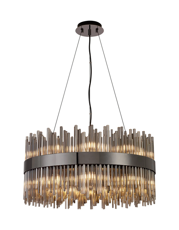 Round chandelier with a dark metal band and clear glass rods of varying lengths, illuminated from within
