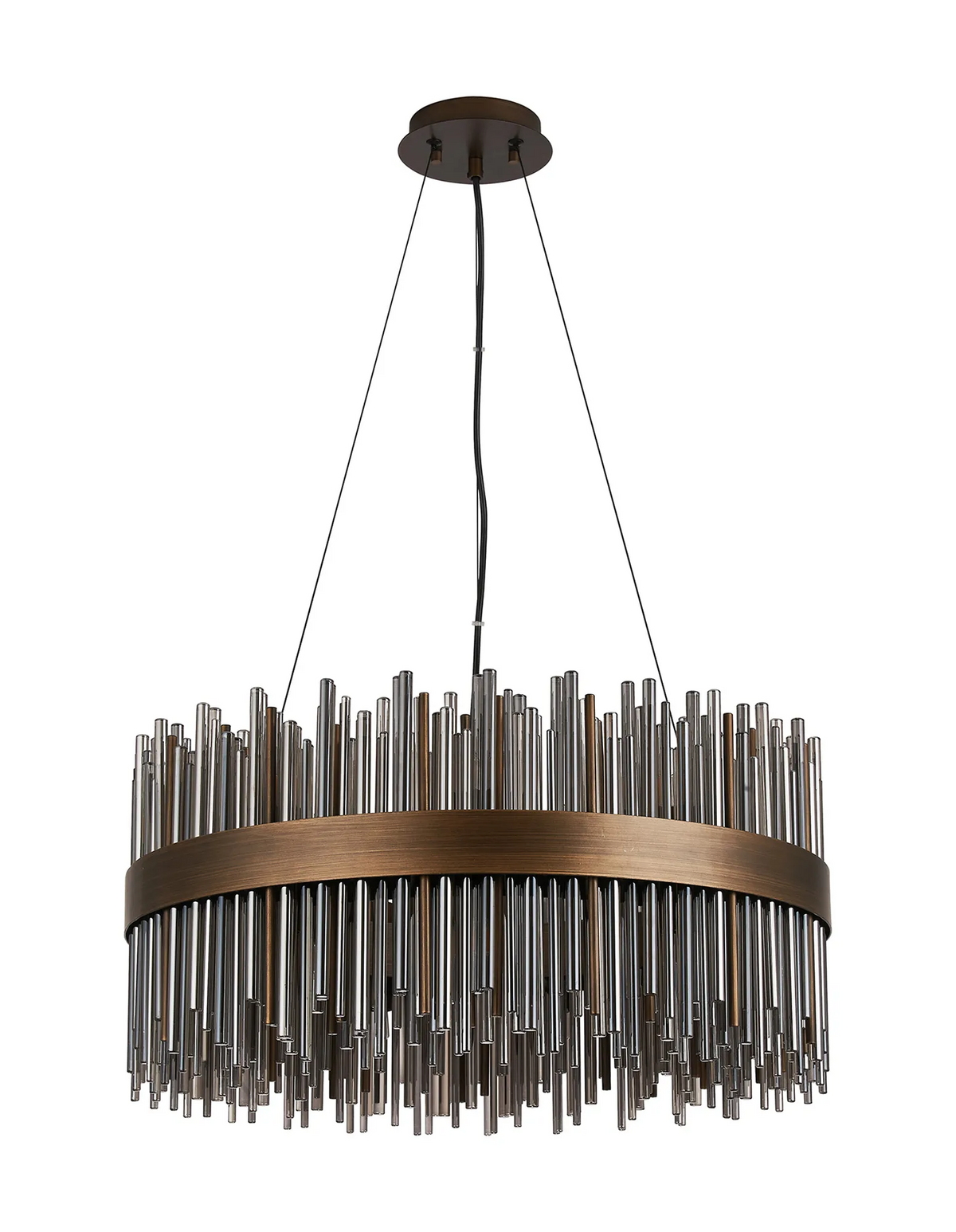 Round chandelier with bronze frame and hanging glass rods of varying lengths