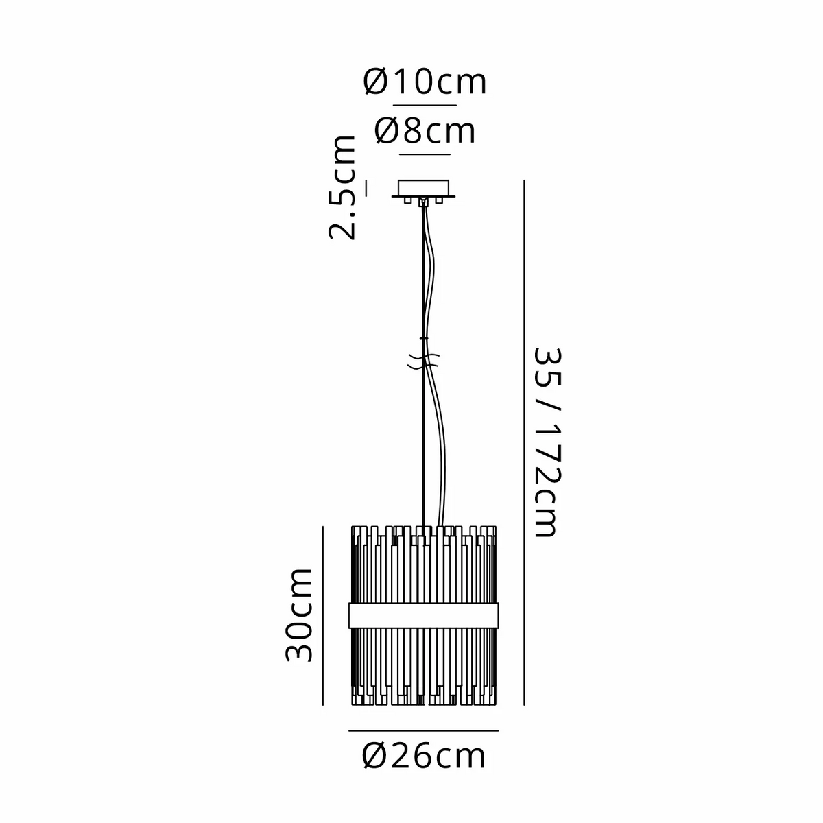 Line drawing of a pendant light with dimensions. Shade is 30cm high, 26cm diameter. Total drop 35-172cm