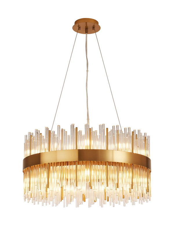 Round gold chandelier with clear and gold glass rods