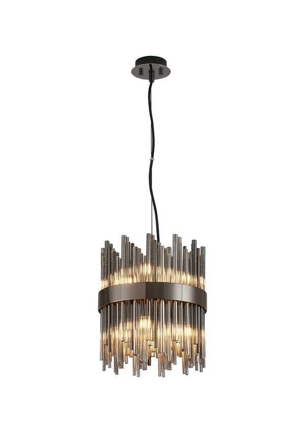 Cylindrical chandelier with smoked glass rods and a dark metal band