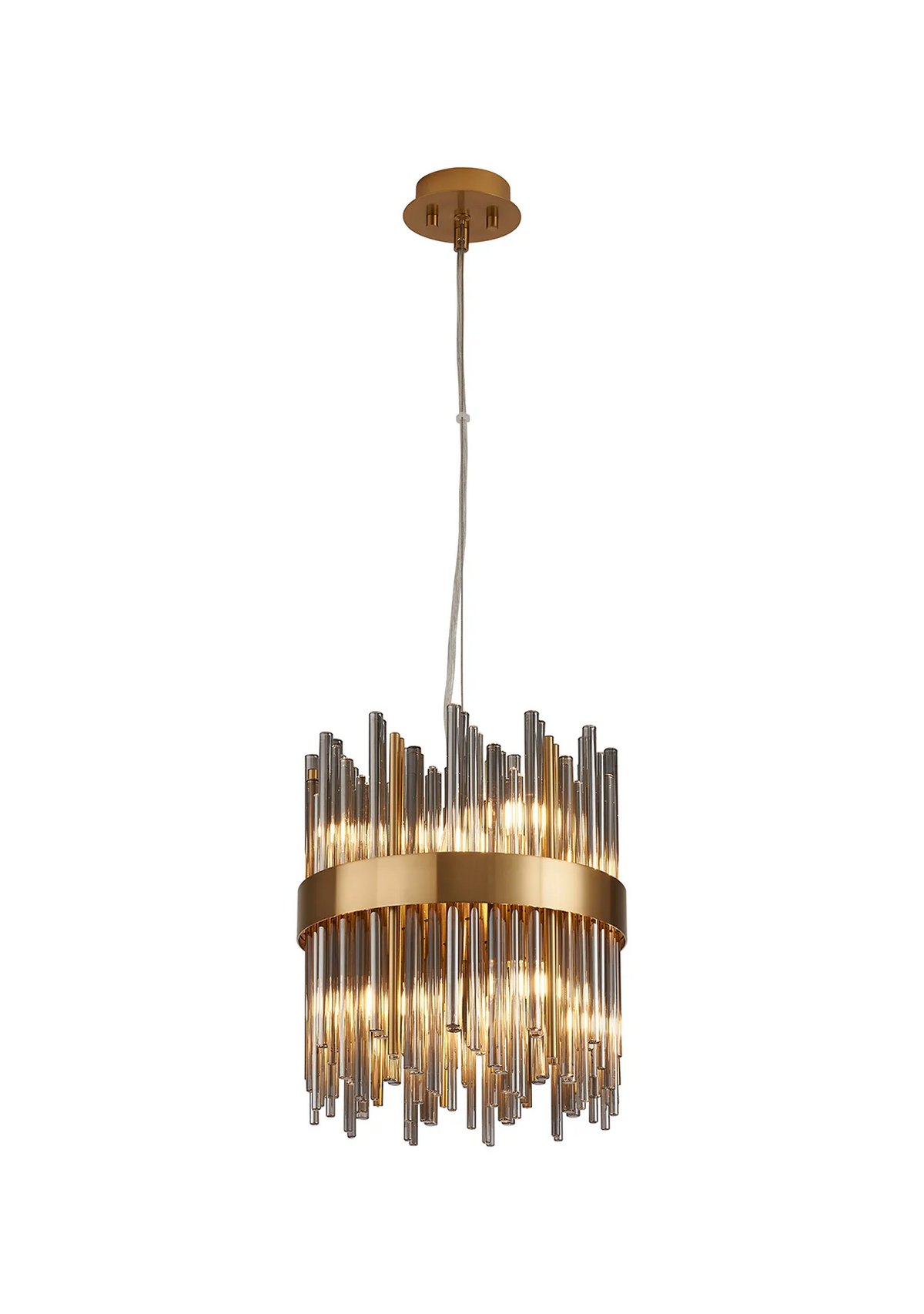 Gold and glass cylindrical chandelier with multiple vertical glass rods and a gold band