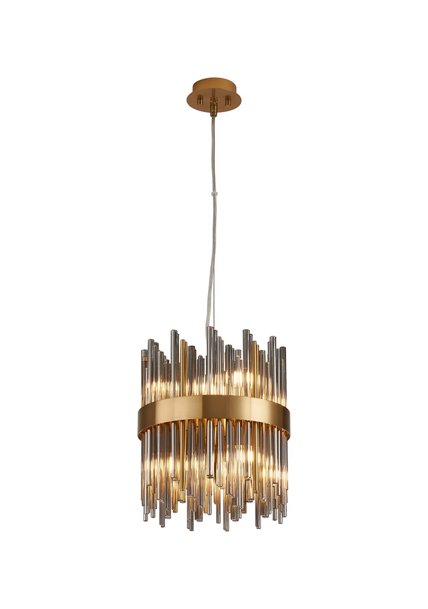 Gold and glass cylindrical chandelier with multiple vertical glass rods and a gold band