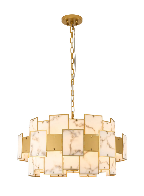 Gold chandelier with rectangular marble and gold panels