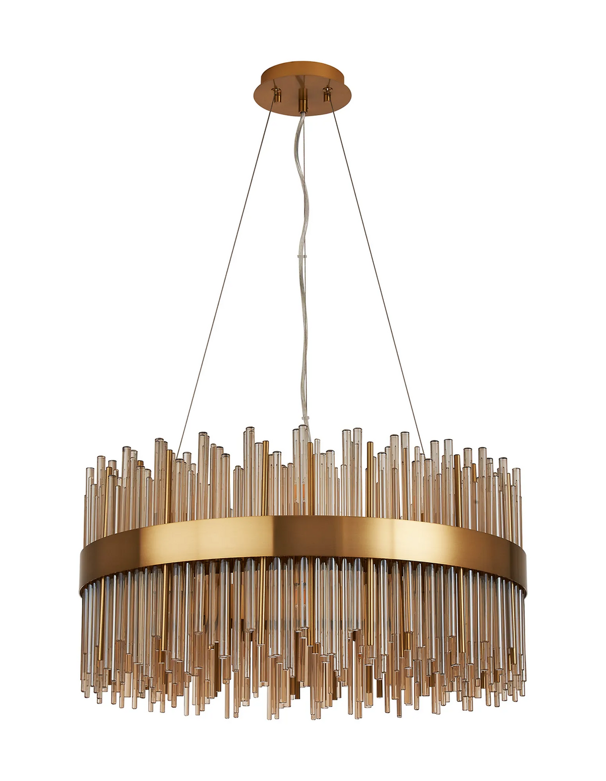 Round chandelier with a gold frame and amber glass rods