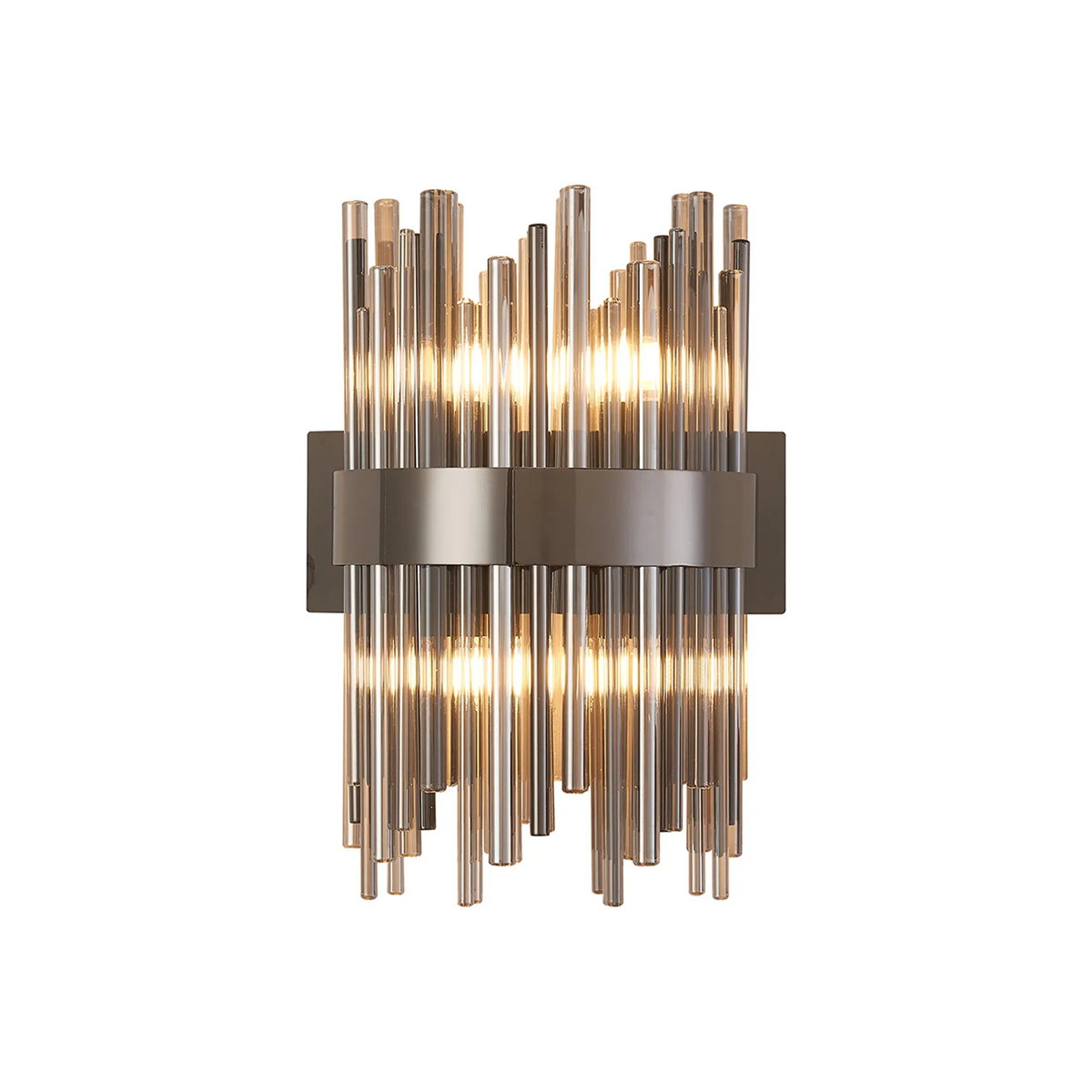 Modern wall sconce with vertical glass rods and a metallic band