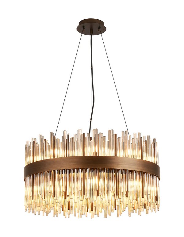 Round chandelier with bronze frame and vertical glass rods, illuminated from within