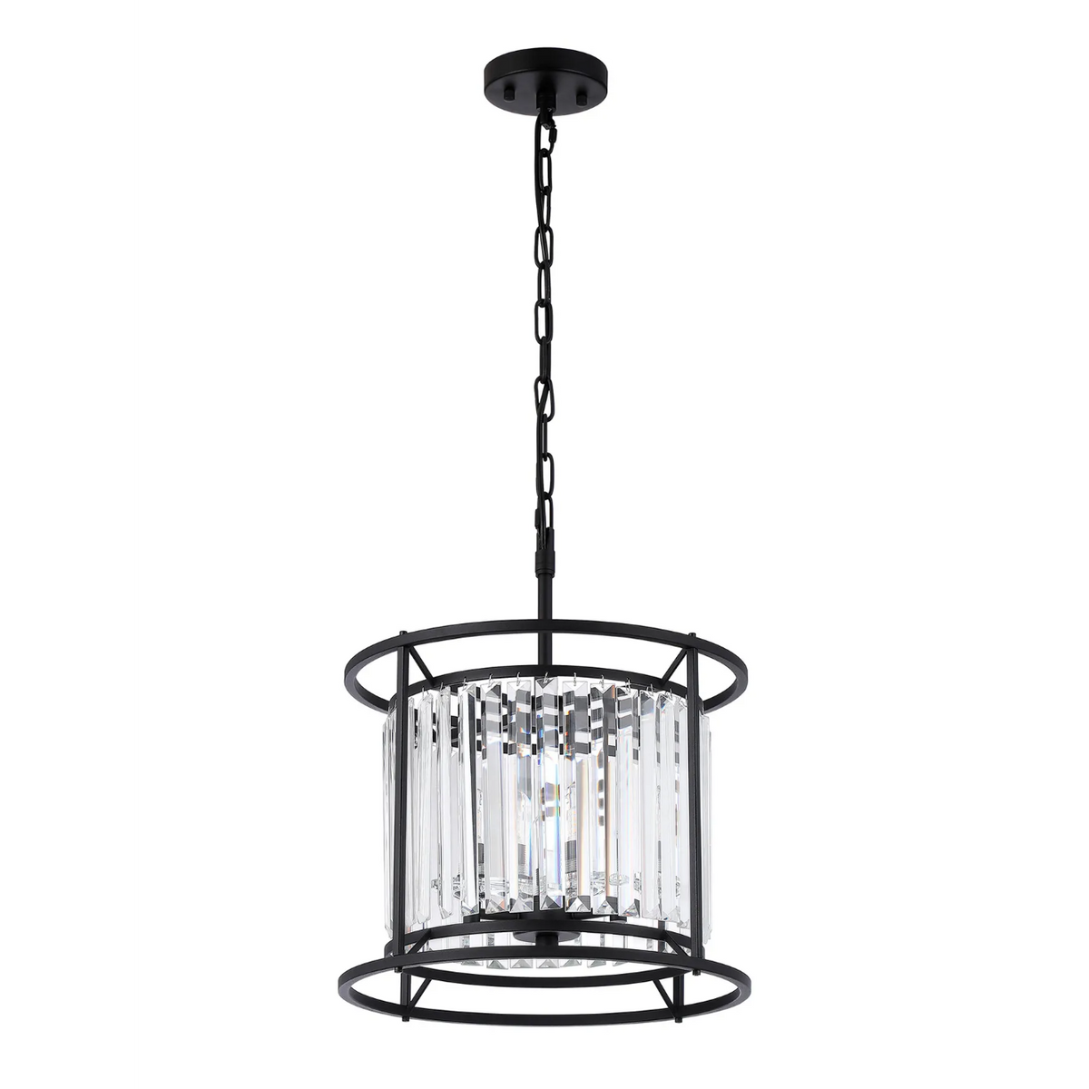 Black metal chandelier with clear rectangular crystal accents