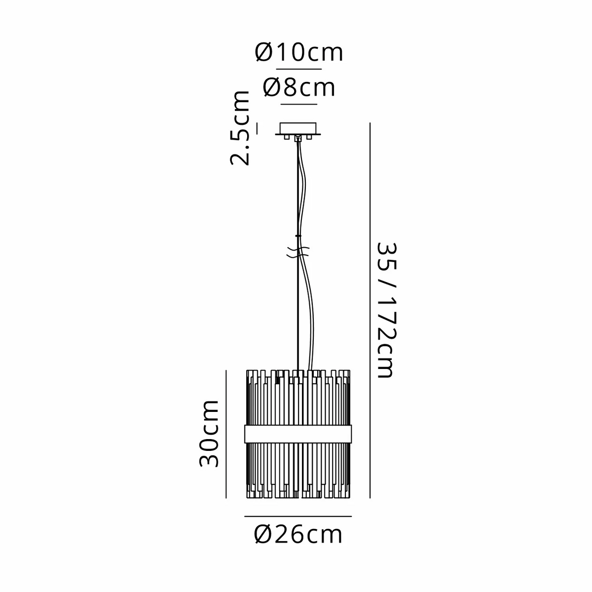 Line drawing with dimensions for a pendant light fixture