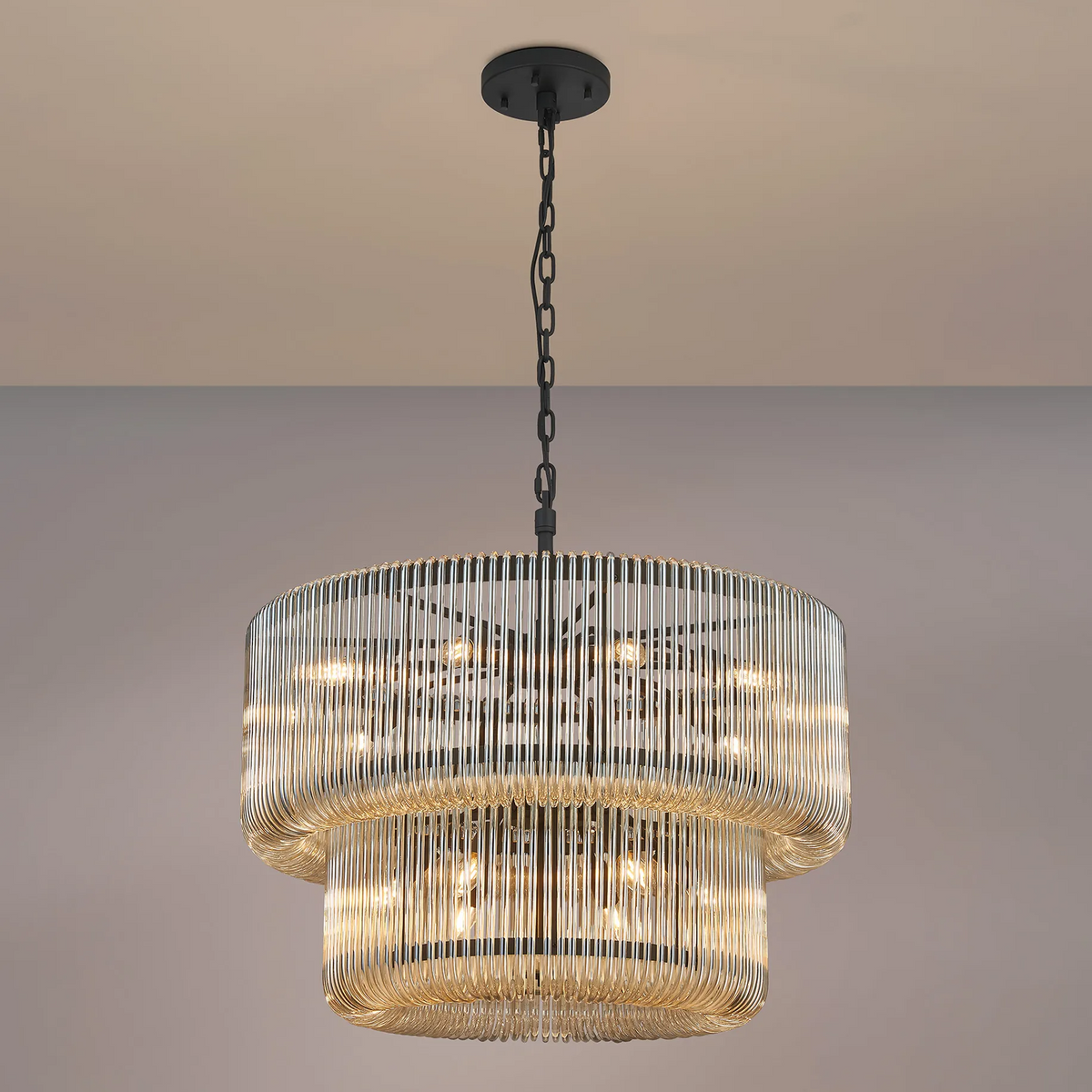 Jevington 780mm Two Tier Pendant or Semi Flush in Black with Smoke Brown Glass