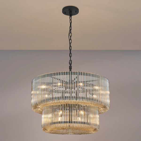Jevington 780mm Two Tier Pendant or Semi Flush in Black with Smoke Brown Glass