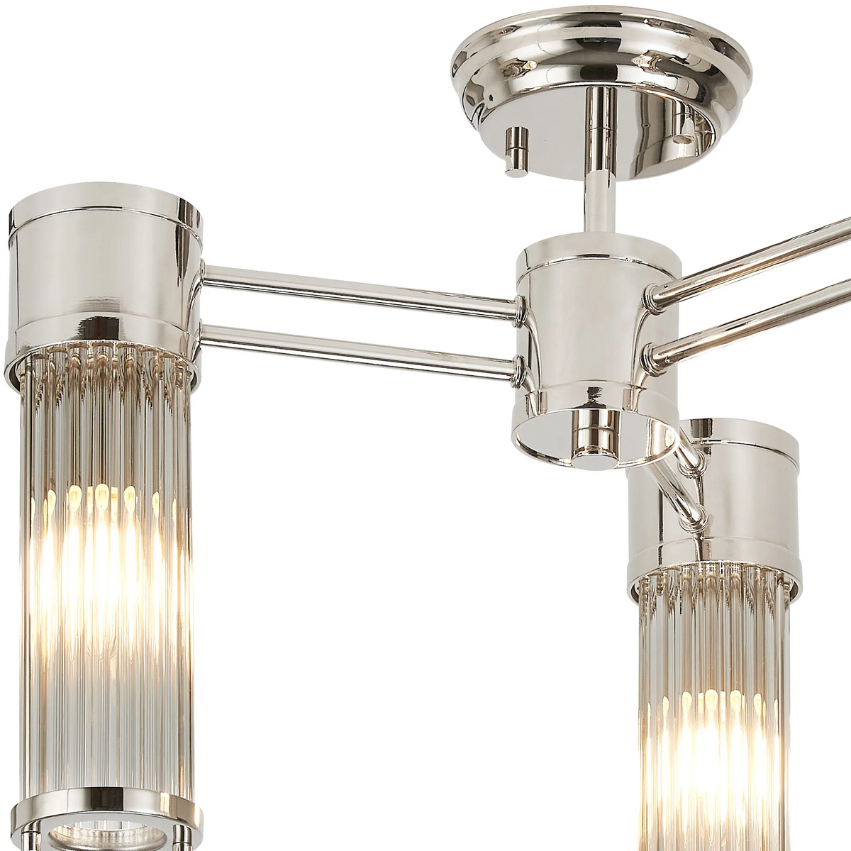 Tansley E14 IP44 Three Light Semi Flush Ceiling Light in Polished Nickel with Clear Glass Rods