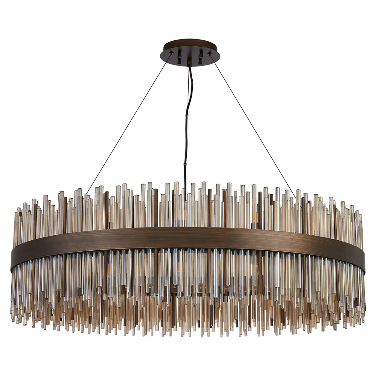 Round chandelier with bronze frame and hanging amber glass rods