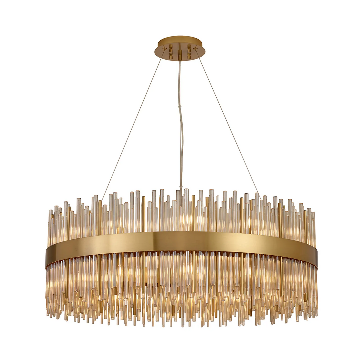 Round gold chandelier with multiple clear glass rods hanging down