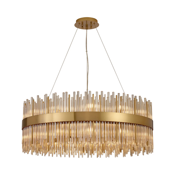 Round gold chandelier with multiple clear glass rods hanging down