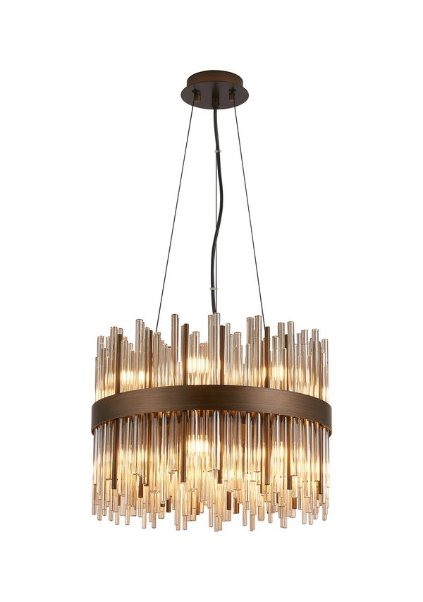 Round chandelier with bronze frame and multiple clear glass rods
