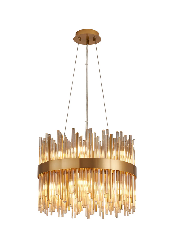 Round gold chandelier with multiple glass rods hanging down