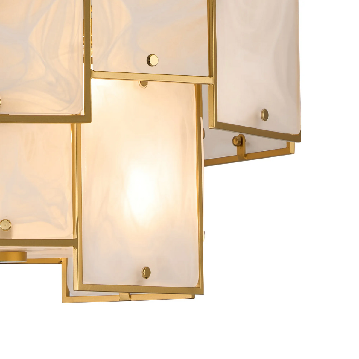 Close up of a gold chandelier with rectangular white glass panels