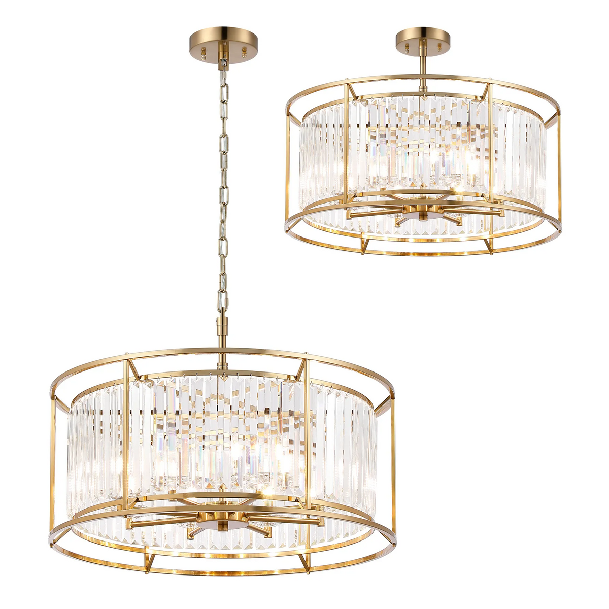 Two gold and crystal chandeliers, one hanging by a chain, the other flush mounted