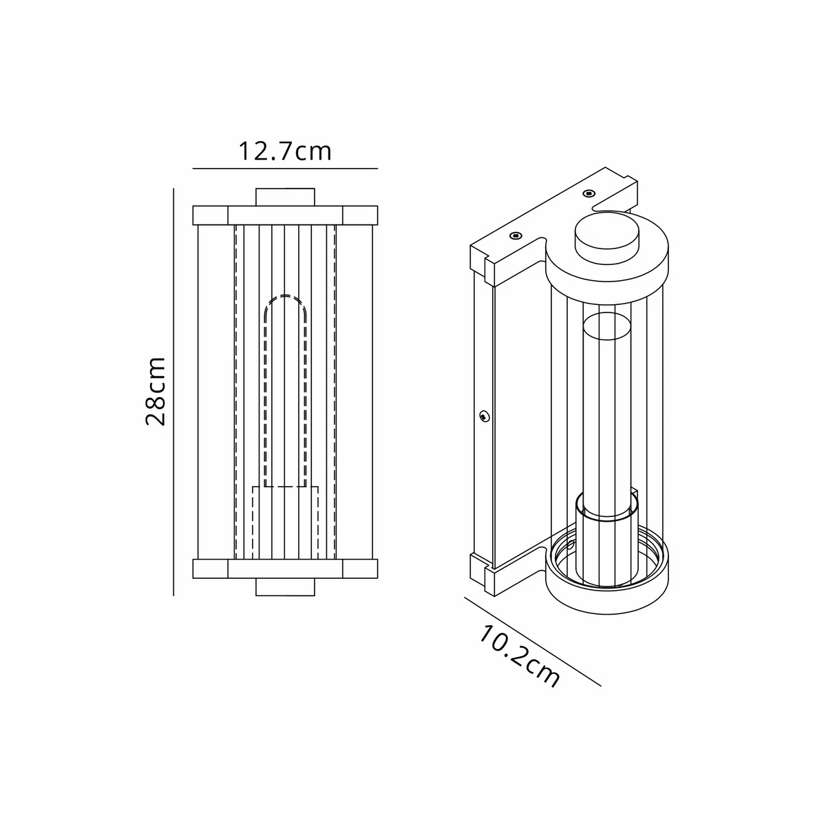 Line drawing of a vertical wall sconce with dimensions: 28cm height, 12.7cm width, 10.2cm depth