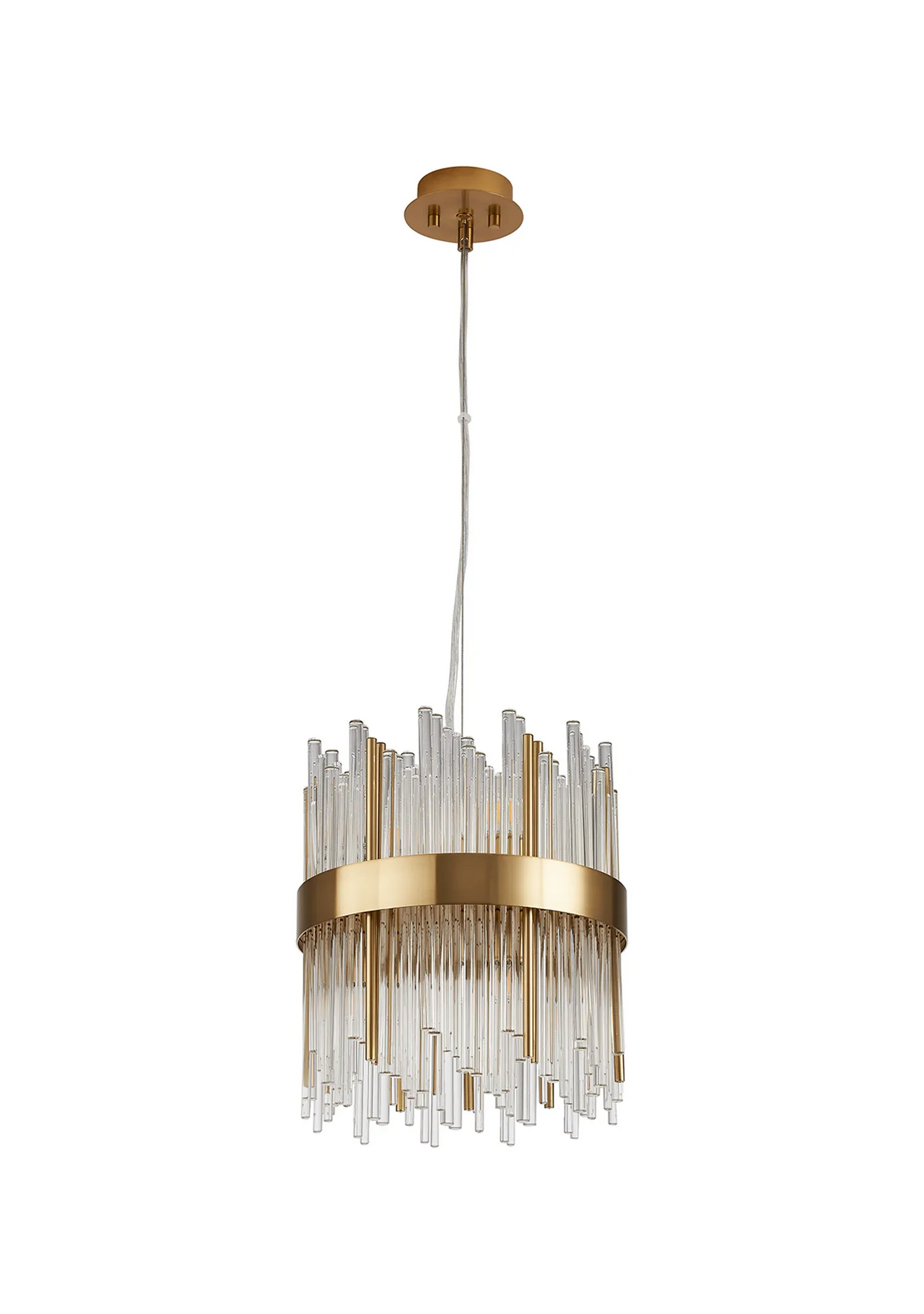 Gold and glass chandelier with vertical glass rods and a gold band