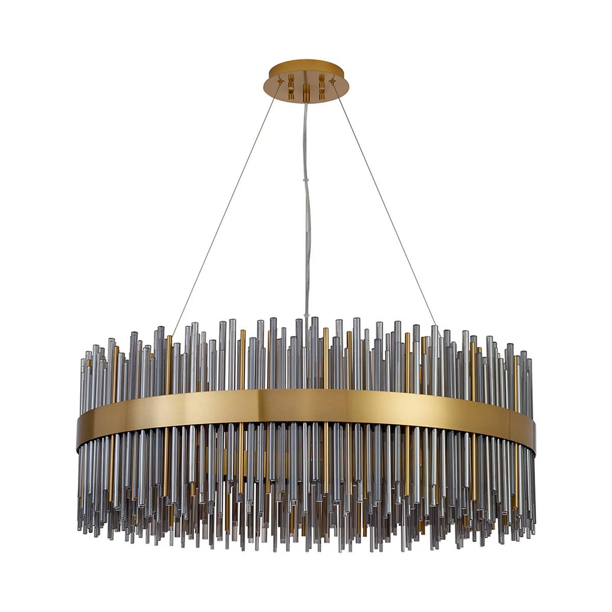 Round chandelier with gold band and hanging clear and gold glass rods