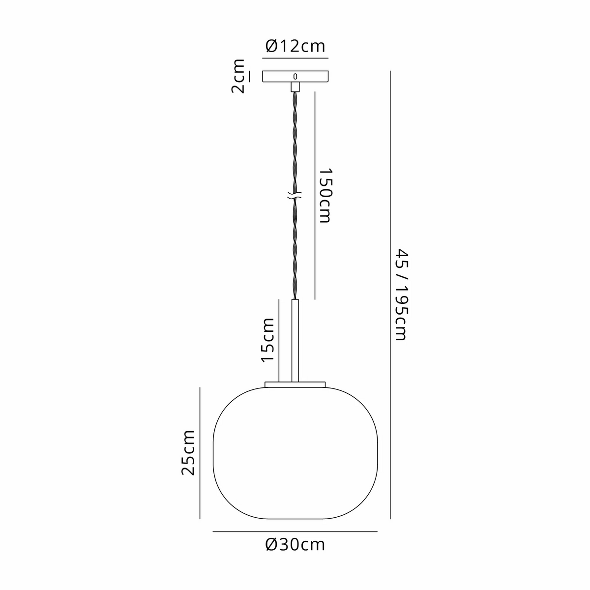 Milton Medium Oval Ball Pendant in Satin White & Frosted White Shade product dimensions