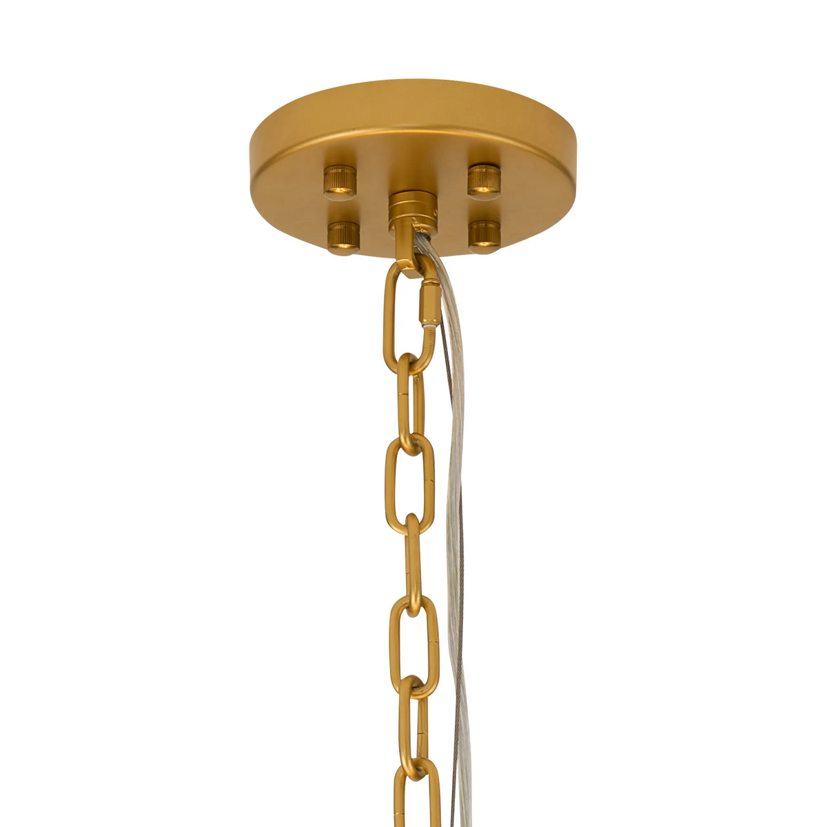 Gold ceiling plate with a gold chain and clear wire hanging down