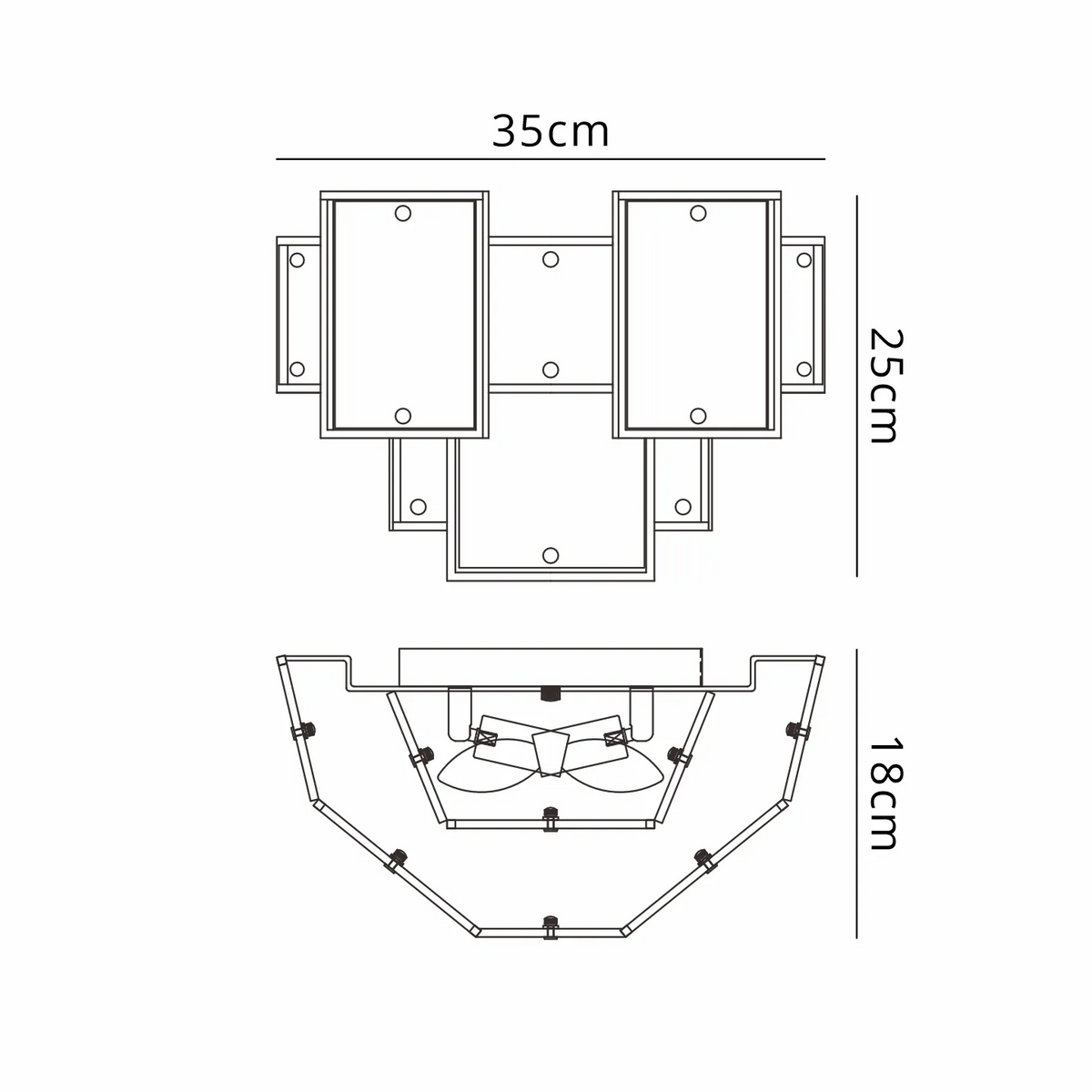 Technical drawing of a wall light with dimensions 35cm width, 25cm height, and 18cm depth
